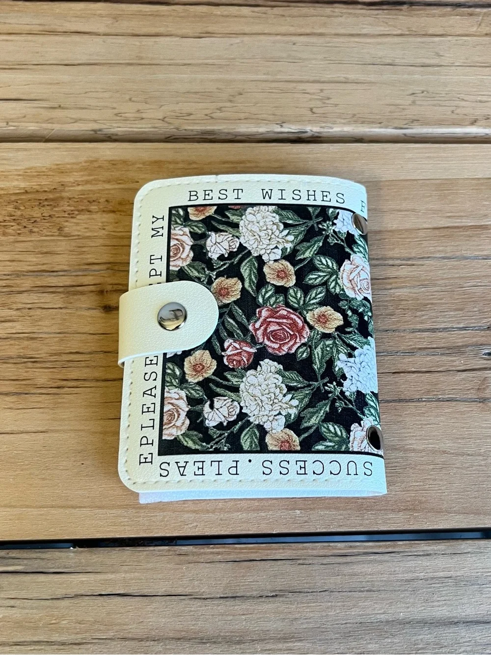 Floral Snap Card Holder Wallet - Black Floral Print with Cream Trim-NWOT